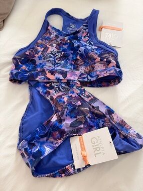 Athleta Girls Blue Purple Floral Two-Piece Swim Set